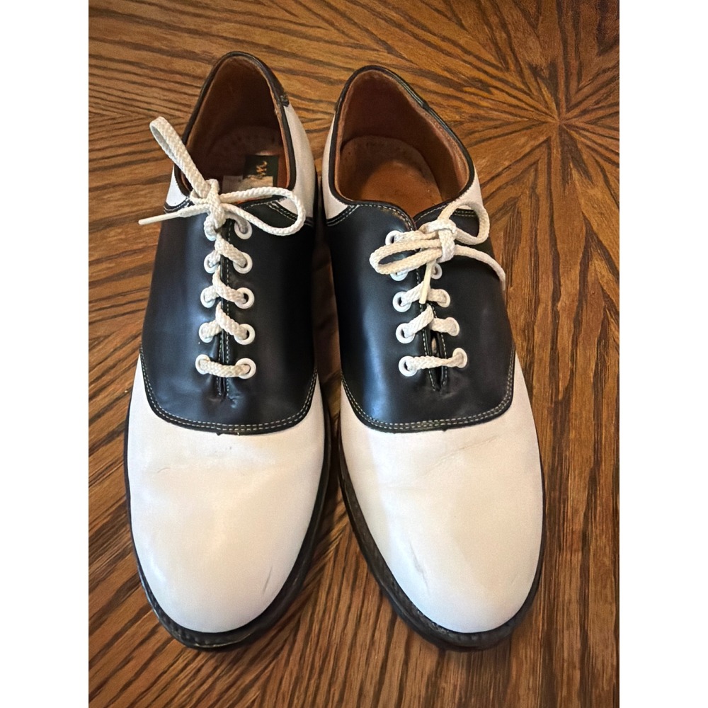 Vintage Black White Leather Saddle Shoes Mens 9.5 D Retro Rockabilly Oxfords